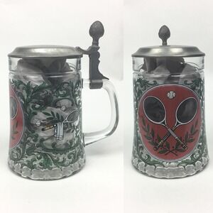 Vintage Glass Stein Mug Tennis Sport West Germany w Pewter Hinged Lid Heavy Rare